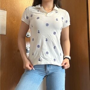 Ralph Lauren White Polo Tee with Navy Nautical Motifs